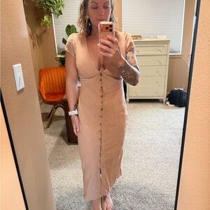 Free People Button-Front Maxi Dress in Nude Blush